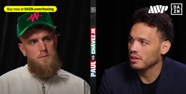 Jake Paul and J. ChÃ¡vez Jr. in a side-by-side promotional image for their boxing match.