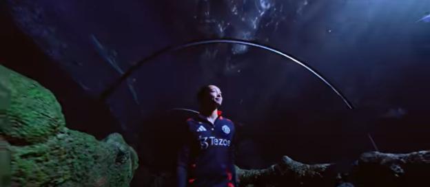 A soccer player in a dark jersey stands in front of a large aquarium.