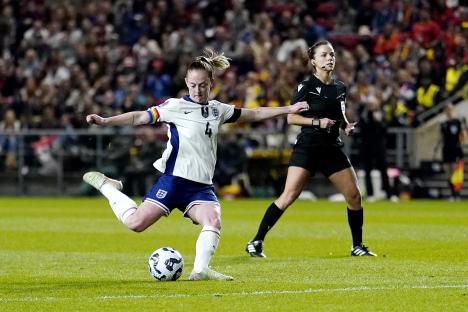 Keira Walsh scoring England's fifth goal in a soccer match.