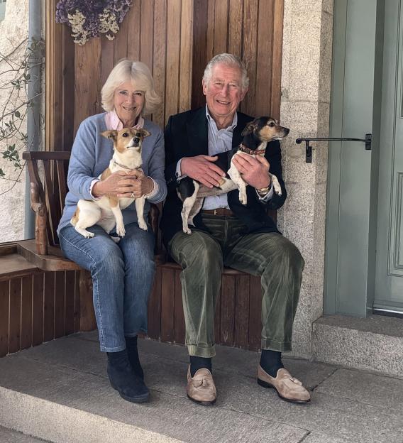 Prince Charles and Camilla, Duchess of Cornwall, sitting on a bench with their two Jack Russell terriers.