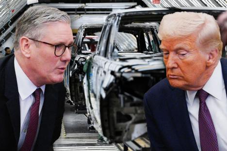 An image collage containing 1 images, Image 1 shows Keir Starmer and Donald Trump pictured with car bodies on an assembly line