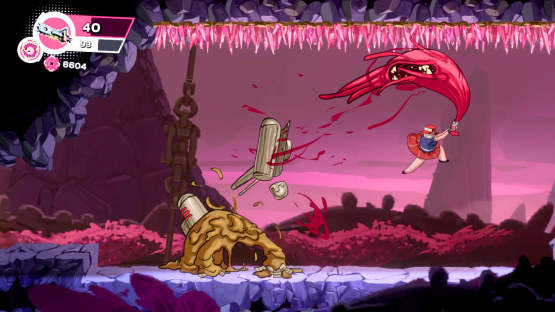Illustration of a video game scene showing a character fighting a monster.