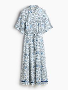 Blue and white patterned midi dress.