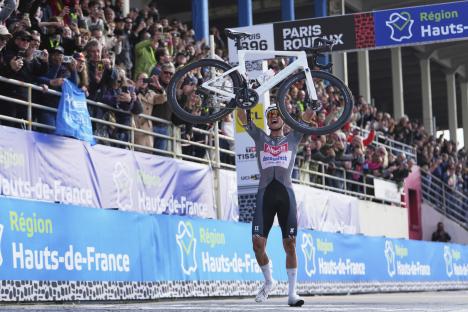 Cyclist Mathieu van der Poel wins the Paris-Roubaix race.