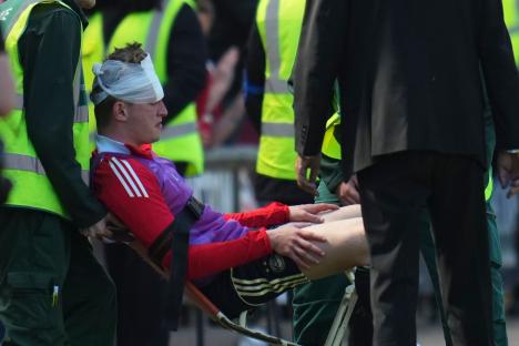 Shock moment Aberdeen star requires medical treatment after being hit by seat thrown from OWN FANS after pitch invasion