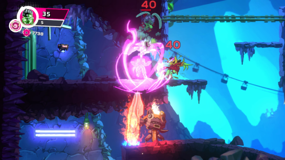 Screenshot from a video game showing a character battling enemies in a cave-like setting.
