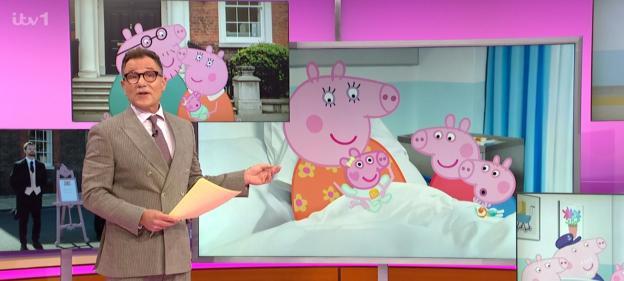 Screenshot of a news segment announcing the birth of Peppa Pig's sister.
